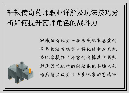 轩辕传奇药师职业详解及玩法技巧分析如何提升药师角色的战斗力