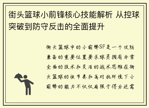 街头篮球小前锋核心技能解析 从控球突破到防守反击的全面提升